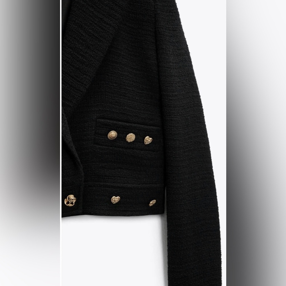 ZARA NEW Women’s CROPPED BUTTONED Textured Tweed BLAZER JACKET BLACK Size Small - Picture 8 of 16